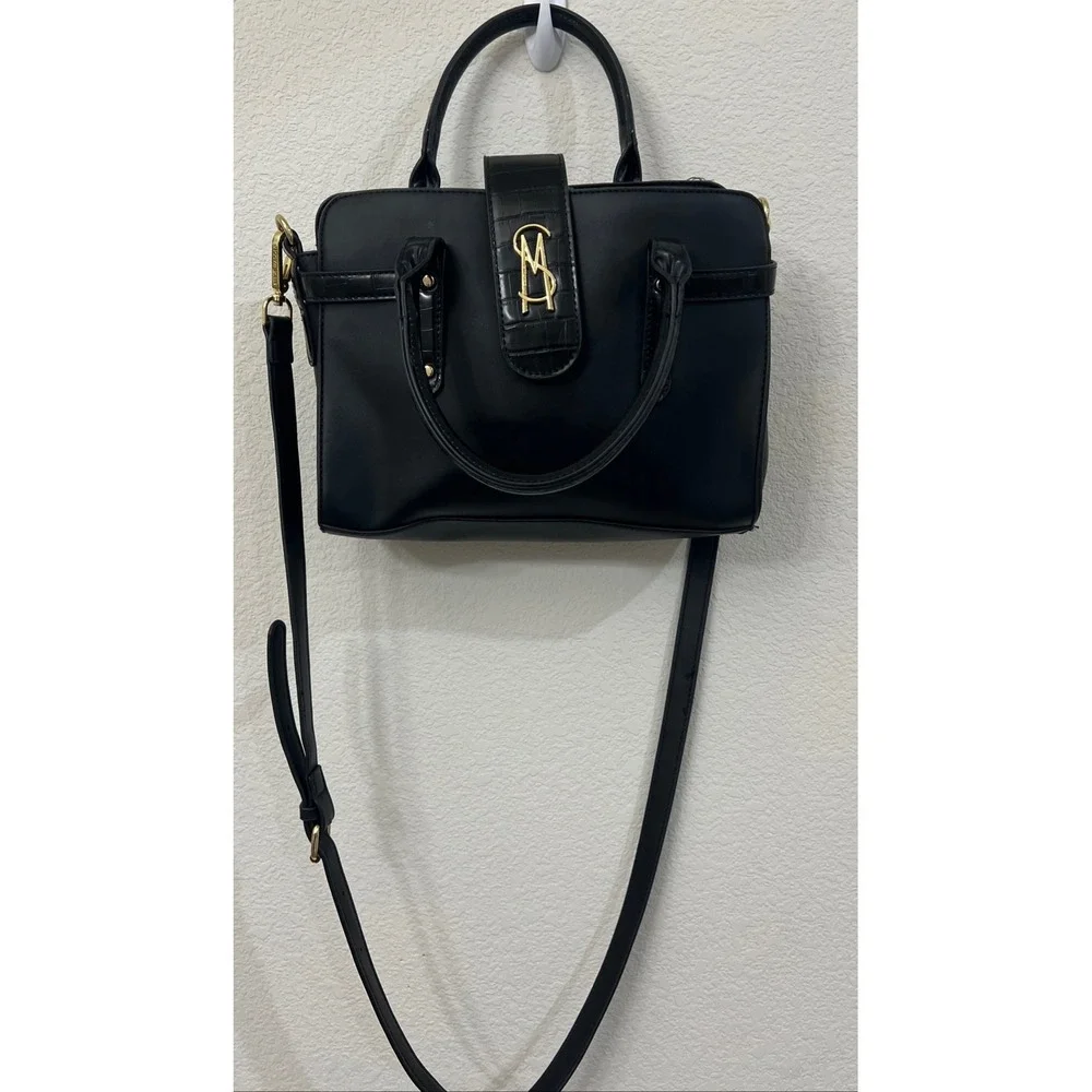 Steve Madden Black Croc Trim Satchel Crossbody Bag Gold Hardware SM Logo Handbag